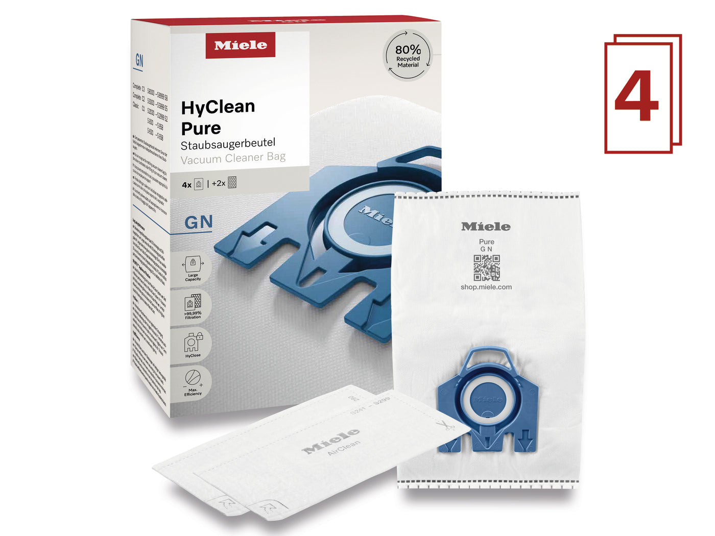 Miele GN HyClean Pure Vacuum Cleaner Dustbags, Vacuum Bags for Complete C2/C3 and Classic C1 Vacuums, Pack of 4
